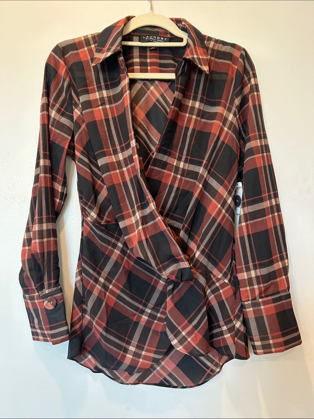 Laundry By Shelli Segal Rust Black Plaid Wrap Button-Down Blouse